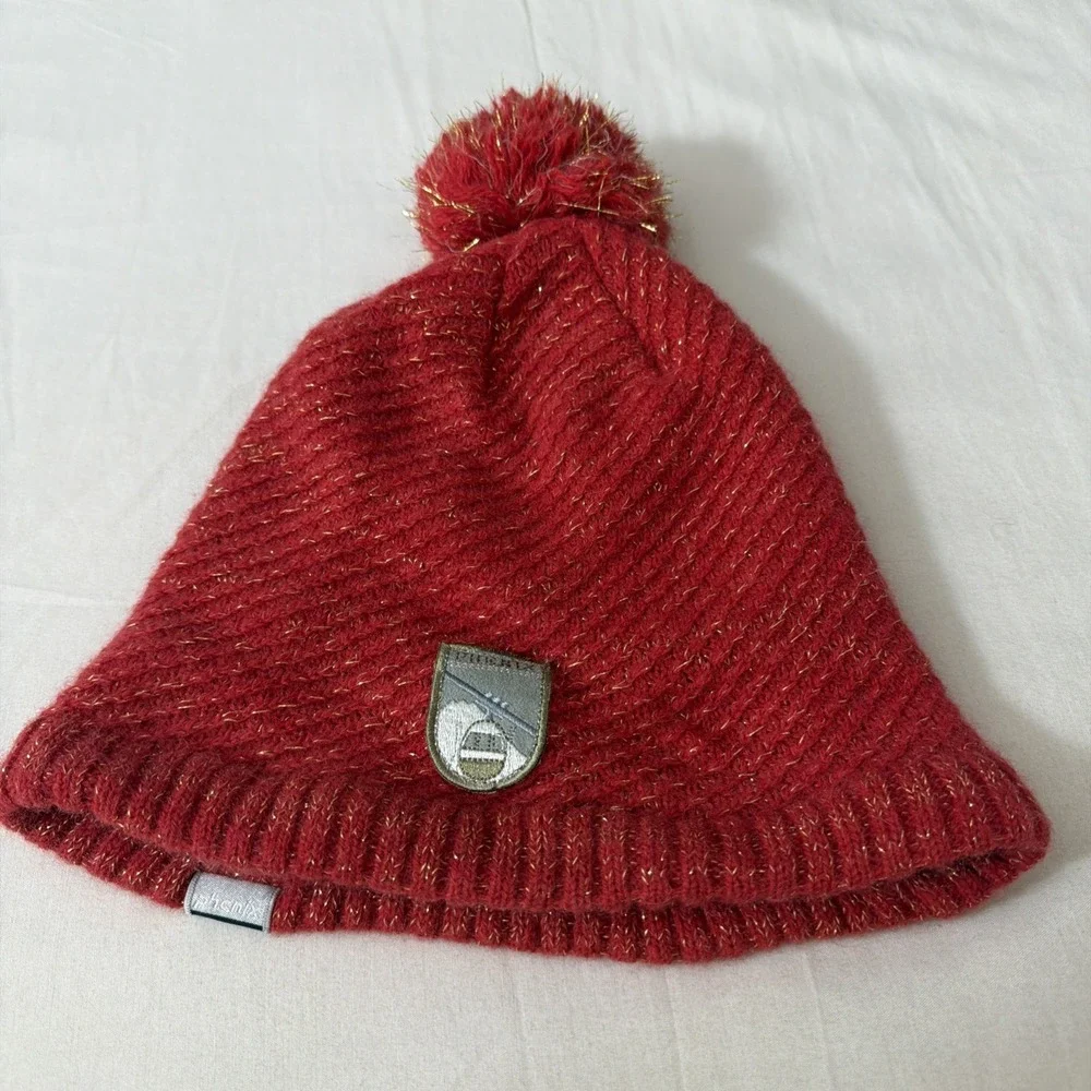 PHENIX Hat Women's One size Red Knitted Logo Beanie Fleece Lining Wool Blend Fit